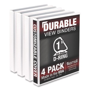 Samsill Durable D-Ring View Binders, 3 Rings, 1" Capacity, 11.5" x 8.5", White, 4/Pack - 1 of 1