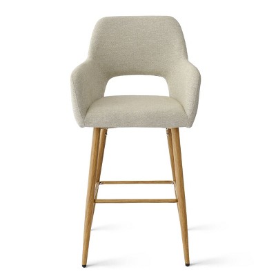 Beige Upholstered Counter Stools with Oak Legs, Set of 2
