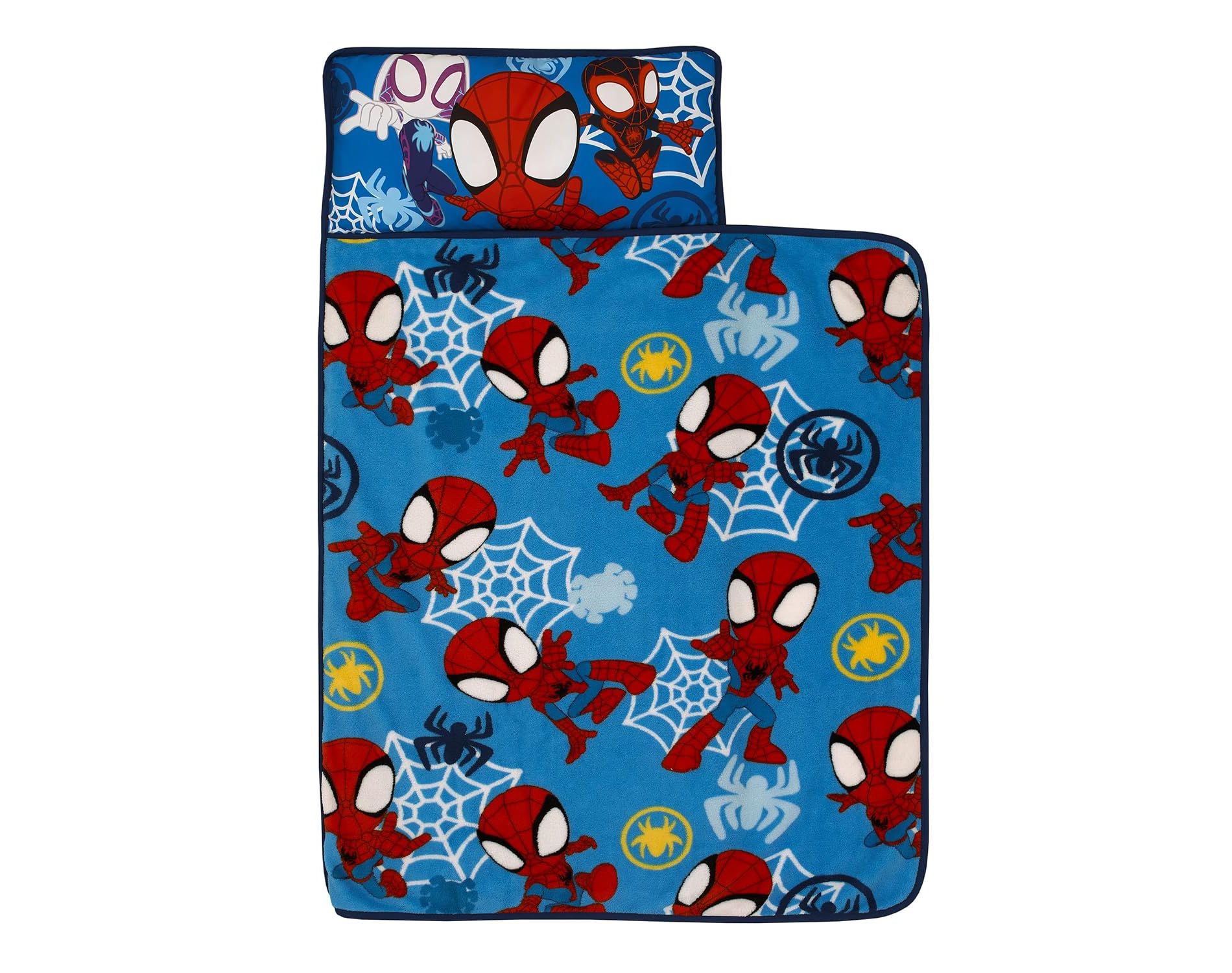 Marvel Spidey and His Amazing Friends Toddler Nap Mat with Pillow & Blanket, Spider-Man Roll-Up Daycare Mat, Royal Blue and Red