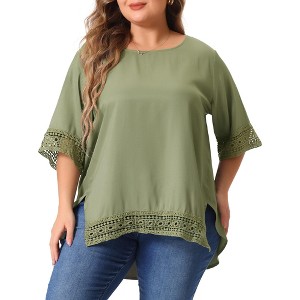 Agnes Orinda Women's Plus Size Lace Crochet Hollow out Crew Neck Short Sleeve Side Split Casual Blouses - 1 of 4