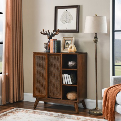 SKRAN Mid Century Modern Rattan Sideboard Cabinet, Buffet Cabinet for Kitchen, Adjustable Shelf & Solid Wood Feet & Rattan Cabinet Doors