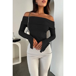 Women's Shirt Off Shoulder Ribbed Long Sleeve Top Asymmetric Hem Slim Fit Elegant Blouse - 1 of 4