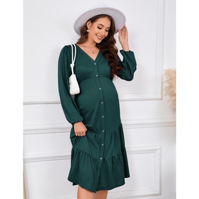 YesFashion Women's Maternity V Neck Dress Casual Ruffle Long Sleeve Button Down Midi Fall Dresses for Baby Shower Photoshoot