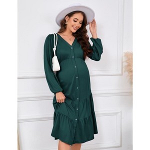 YesFashion Women's Maternity V Neck Dress Casual Ruffle Long Sleeve Button Down Midi Fall Dresses for Baby Shower Photoshoot - 1 of 4