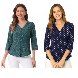 INSPIRE CHIC Women's Polka Dots 3/4 Sleeve Casual Button Front Shirt 2 Pieces - 1 of 4