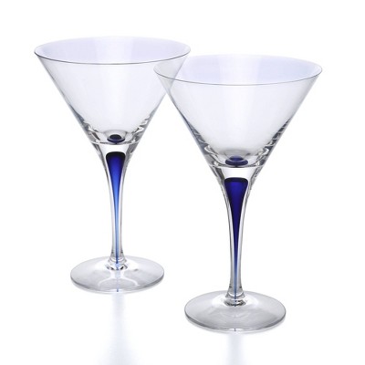 Orrefors Intermezzo 8.5 Fl. Oz. Stemmed Martini Glasses - Set of 2, Blue Drop - Kitchen & Dining Crystal Glassware - Dishwasher Safe