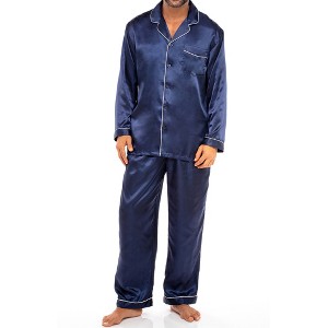 ADR Men's Satin Pajamas Set, Long Sleeve Top and Pants with Pockets, Silk like PJs with Matching Sleep Mask - 1 of 4