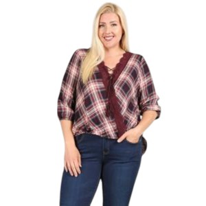 Slickblue Women's Plaid Top, Modern Hi-Lo Hem, 3/4 Sleeve Shirt, Casual Look, Dark Red, 1XL - 1 of 4