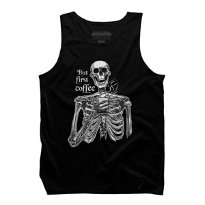 Men's Design By Humans Halloween skeleton drinking coffee. But first coffee By melazergDesign Tank Top - 1 of 2
