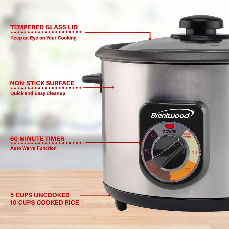 Brentwood 5 Cup Uncooked/10 Cup Cooked Crunchy Persian Rice Cooker in Silver, 4 of 9