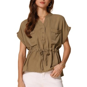 INSPIRE CHIC Women's V Neck Short Peplum Sleeve Henley Button Down Drawstring Waist Dressy Blouses - 1 of 4