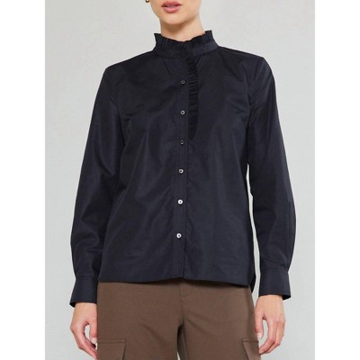 Women's Black Long Sleeve Pleated Ruffle Blouse - current air