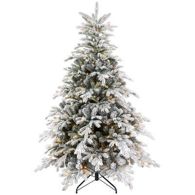 HOMCOM 6ft Prelit Frosted Artificial Christmas Tree with Warm White LED Light, Metal Base, Snow Flocked Branches