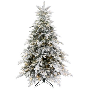 HOMCOM 6ft Prelit Frosted Artificial Christmas Tree with Warm White LED Light, Metal Base, Snow Flocked Branches - 1 of 4