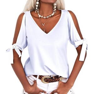 Imily Bela Women Summer V Neck Cold Shoulder Tops Loose Casual Tee Chic Cutout Blouse - 1 of 4