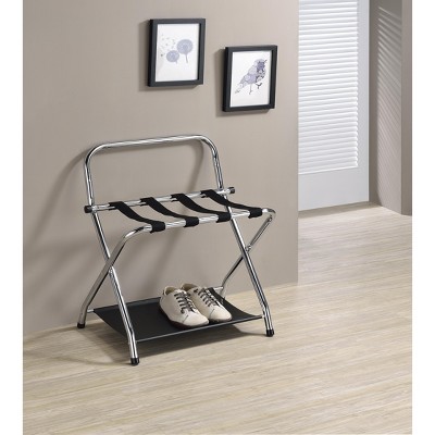 Kings Brand Furniture Venet Folding Luggage Rack with Storage Shelf, Stylish Suitcase Stand, High Back, Chrome