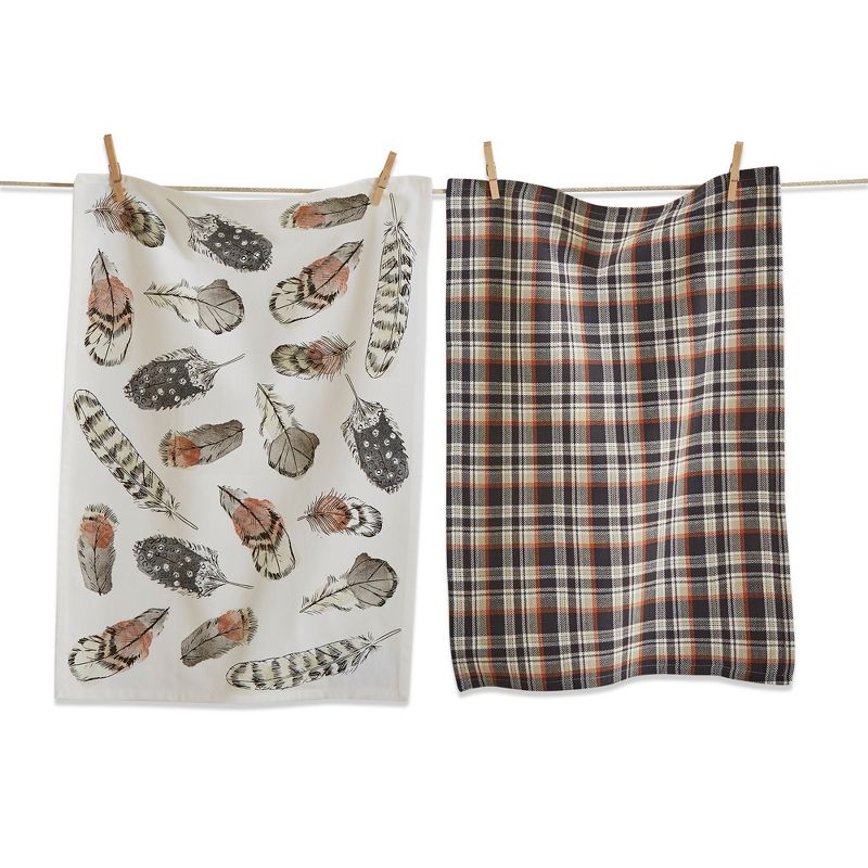 tagltd Set of 2 Floating On The Wind Feather Print  with Coordinating Plaid Cotton   Kitchen Dishtowels 26L x 18W in., 1 of 4