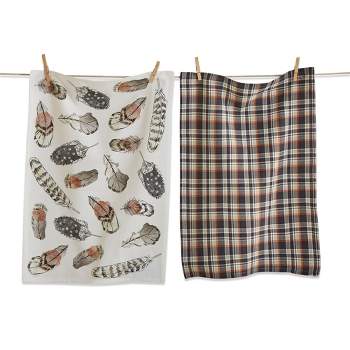 tagltd Set of 2 Floating On The Wind Feather Print  with Coordinating Plaid Cotton   Kitchen Dishtowels 26L x 18W in.