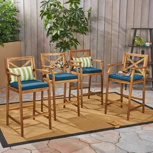 Christopher Knight Home Perla Outdoor Acacia Wood 28.5 Inch Barstools with Cushion (Set of 4) - 1 of 4