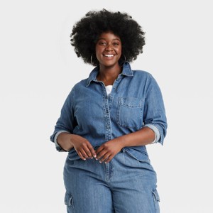 Women's Long Sleeve Relaxed Denim Button-Down Shirt - Universal Thread™ Medium Wash - 1 of 3