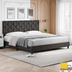 Jojoka Upholstered Platform Bed Frame with Adjustable Headboard, Diamond Pattern, Wood Slats, Noise-Free, No Box Spring Needed - 1 of 4