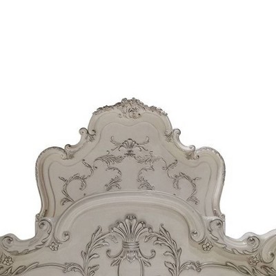 Bone White King Upholstered Wood Bed with Carved Details