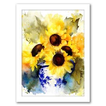 Americanflat Farmhouse Botanical Sunflowers In Blue And White Vase By Rachel Mcnaughton Framed Print Wall Art