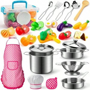 26PCS Pretend Kitchen Set with Stainless Steel Cookware, Pots, Cutting Food, Apron & Chef Hat, Gift - 1 of 4