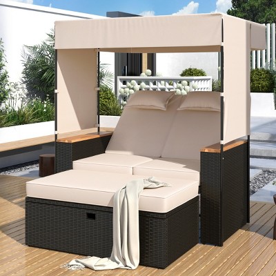 Outdoor Patio Rattan Daybed, 2 Pcs Daybed with Adjustable Backrests and Roof, Loveseat Bench Lounge with Cushions and Pillows-Coolbibila