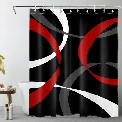 LunaLulinlk Red White and Grey Abstract Ribbon Lines on Black Background Bathroom Shower Curtain