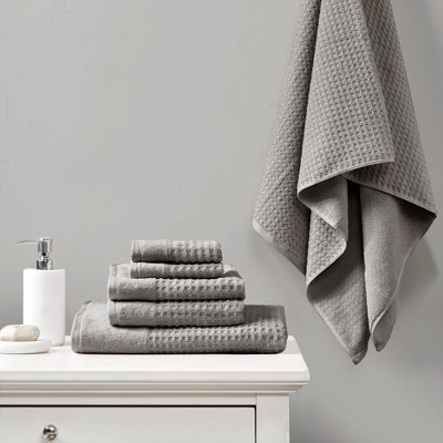 6Pcs 100% Cotton Solid Color Bath Towel Set, Anti-Microbial Certified Waffle Jacquard Quick Dry Bath Towel