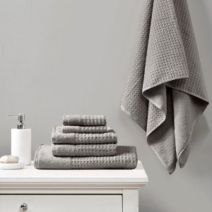 6Pcs 100% Cotton Solid Color Bath Towel Set, Anti-Microbial Certified Waffle Jacquard Quick Dry Bath Towel - 1 of 4
