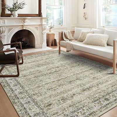 Vintage Floral Washable Rug Non-Slip, Retro Low Pile Throw Rug for Living Room Bedroom Dining Room, Soft Foldable Carpet