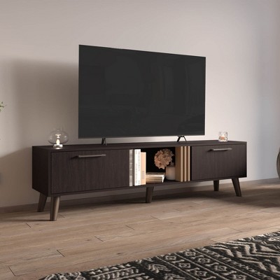 Chic Crate-Modern Media Console – Black & Natural Oak TV Stand w/ Two-Door & Open Shelf, Multi-Room Furniture