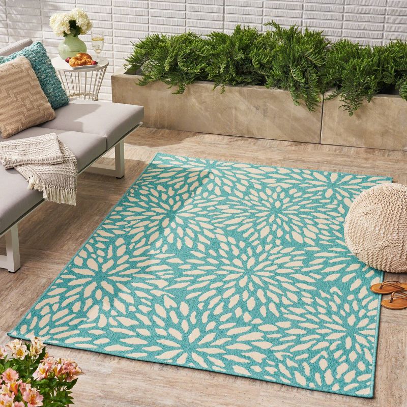 Simone Floral Outdoor Rug Blue/Ivory - Christopher Knight Home, 4 of 7