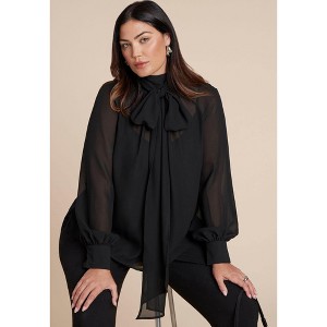 ELOQUII Sheer Neck Tie Blouse - 1 of 4