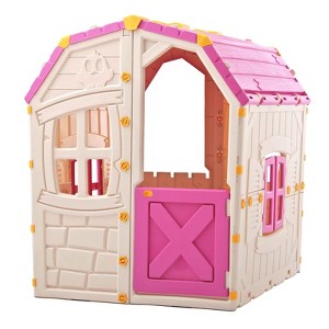 Costway Outdoor Kids Playhouse with Openable Door Windows for Home Backyard for Ages 2+ Pink/Blue - 1 of 2