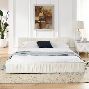 Chenille Grounded Bed Frame with Thickness Headboard, Pleated Design Upholstered Bed with Solid Wood Frame for Bedroom, No Box Spring Needed - 1 of 4