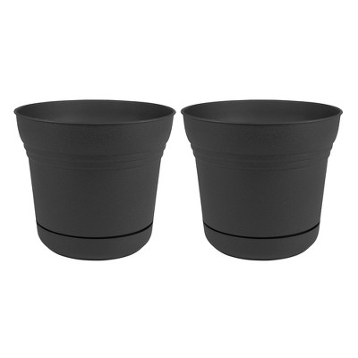 Bloem SP1000 Saturn Indoor Outdoor 10" Matte Finish Durable Plastic Planter Pot with Attached Saucer and Pre Drilled Drainage Holes, Black (2 Pack)