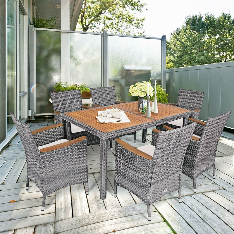 Costway 7PCS Patio Rattan Dining Set Acacia Wood Table Cushioned Chair Mix Gray, 4 of 11