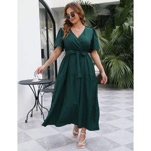 Coolmee Women Plus Size Casual Ruffle V Neck Short Sleeve High Waist Wrap Maxi Dress With Belt - 1 of 4