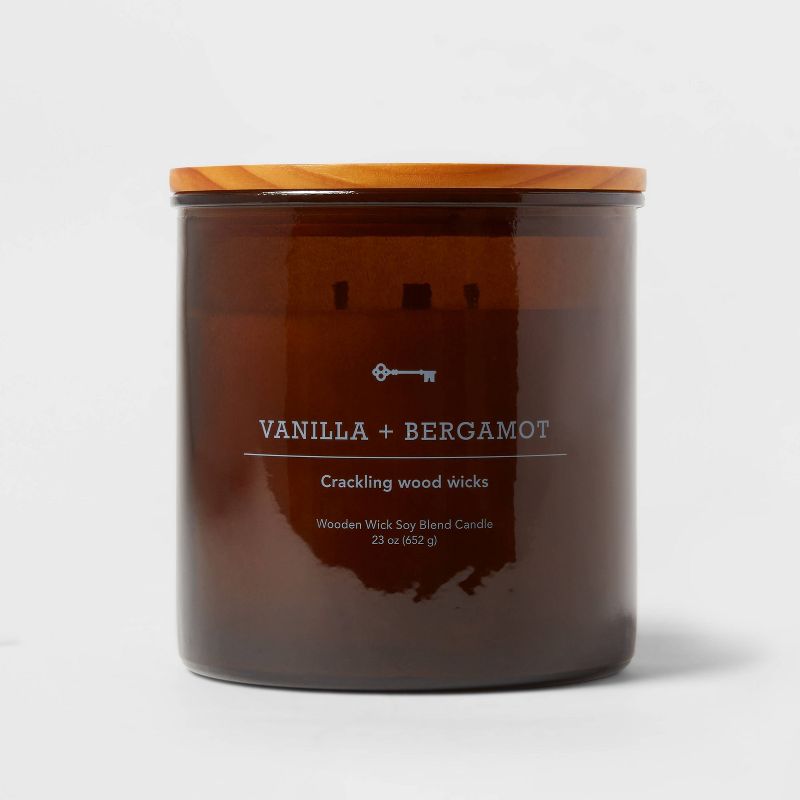 3-Wick Amber Glass Vanilla + Bergamot Lidded Wooden Wick Jar Candle 21oz - Threshold&#8482;, 1 of 5