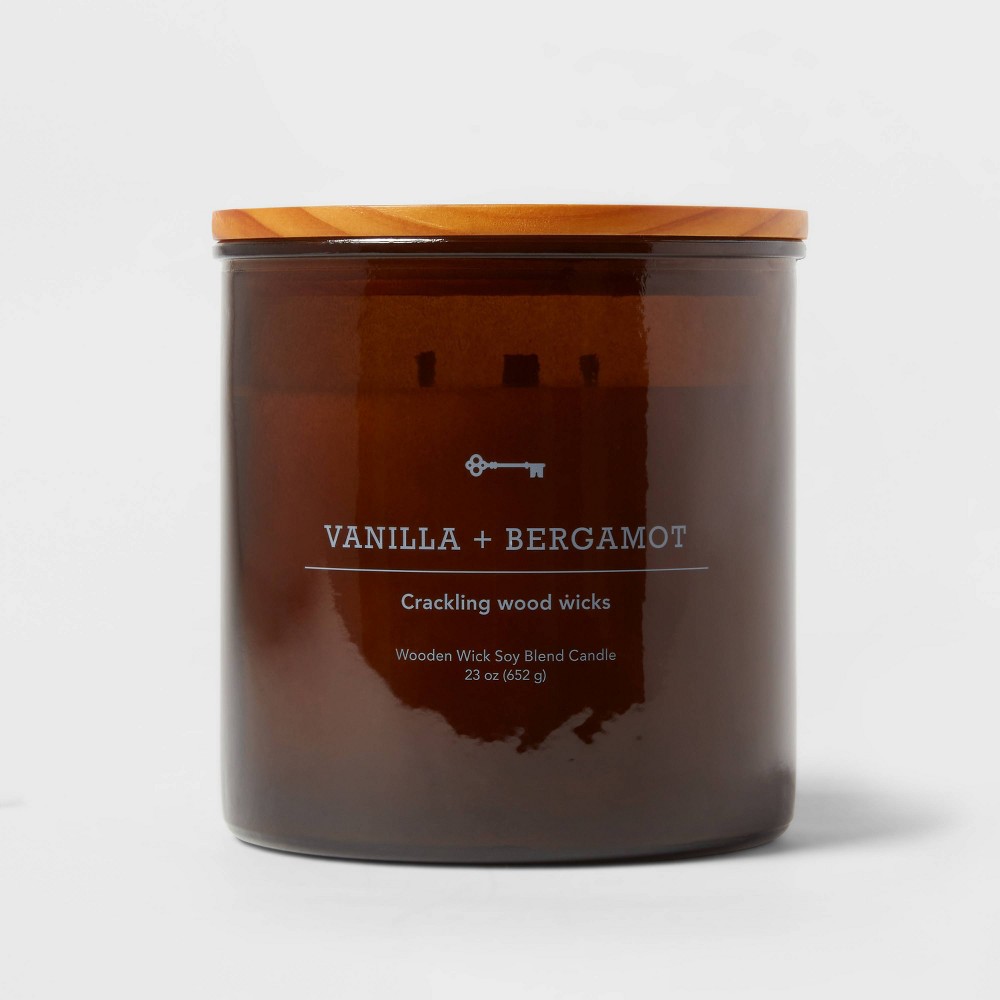 23oz XL 3-Wick Vanilla + Bergamot Wooden Amber Glass with Wood Lid and Stamped Logo Amber - Threshold™