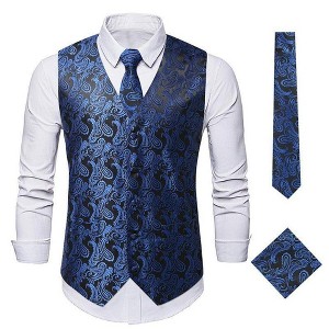 Men's Vest Tie Set 3PC Paisley Floral Jacquard Waistcoat and Necktie Pocket Square Vests Formal Suit Set for Suit Tuxedo Wedding - 1 of 4