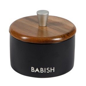 Gibson 9 Ounce Round Stoneware Salt Cellar with Acacia Wood Lid in Black - 1 of 4