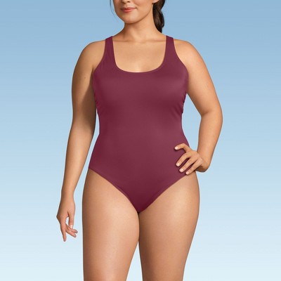 Lands' End Women's Chlorine Resistant Scoop Neck X-Back High Leg Soft Cup Tugless Sporty One Piece Swimsuit