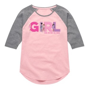 Girls' - Barbie - Girl Strong, Kind, Brave, Bold, and Fearless Shirt Tail Raglan Graphic T-shirt - 1 of 2