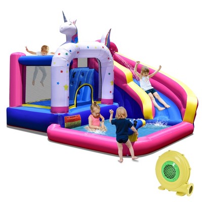 Costway Unicorn Theme Inflatable Water Slide Kids Bounce Castle W/ 480w ...