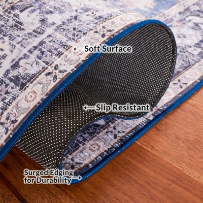 8' x 10' Blue and Charcoal Washable Synthetic Area Rug