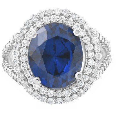 Pompeii3 6 1/5 Ct Diamond Oval Blue Sapphire Diamond Double Halo Ring 10K White Gold